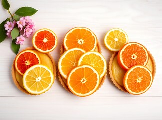 Fototapeta premium Citrus Sensation: Slices of vibrant citrus fruits, from oranges to lemons, arranged artfully and showcasing their juicy, fresh textures. Complemented by delicate blossoms.