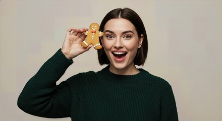Excited beautiful young woman in a green sweater playfully holds a Christmas gingerbread man cookie over her eye, expressing surprise and joy for the festive holiday season.