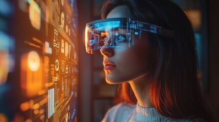 Woman in Smart Glasses Analyzing Digital Data at Home Office