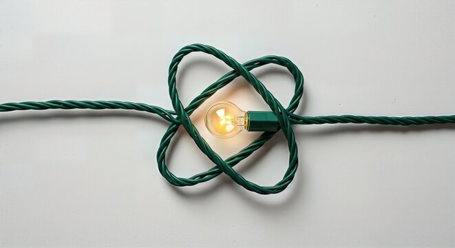A single glowing Christmas light bulb with its green wire tied in a Celtic-style knot, symbolizing connection, unity, and the science or core of the holiday season on a white background.