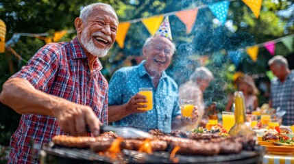 Happy Senior Couple Grilling Burgers and Enjoying Backyard Barbecue with Drinks and Picnic Vibes