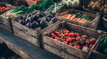 Fresh organic vegetables in wooden crates at a rustic market stall with vibrant colors