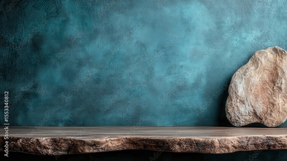 Poster a beautiful minimalist setup featuring a rustic wooden table and a smooth stone accent, evoking a se