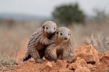 Two young pangolins standing together on red soil in natural habitat showing scales and curiosity