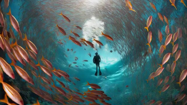 A scuba diver swims through a massive swirling school of vibrant fish in clear blue ocean waters.
