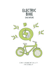Fototapeta premium Vector hand drawn sketch of electric bicycle. Environmentally friendly planet illustration. Alternative energy in the green city concept.Think Green.