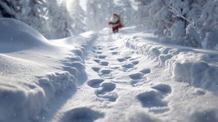 Santa's footprints lead through the snowy path towards a winter forest filled with festive figures carrying gifts