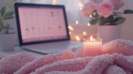 Cozy Workspace with Candle, Laptop, Flowers, and Soft Blanket