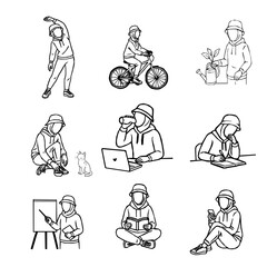 A set of hijabi woman outline illustrations showing daily positive activities. young Muslim woman in a hijab cap doing daily tasks. Collection of sporty and studious hijab girl illustrations in daily 