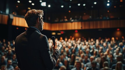 Motivational speaker addressing an enthusiastic audience in a seminar.