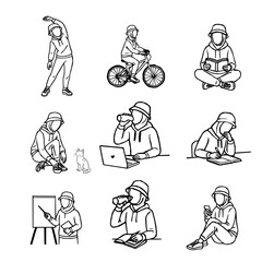 A set of hijabi woman outline illustrations showing daily positive activities. young Muslim woman in a hijab cap doing daily tasks. Collection of sporty and studious hijab girl illustrations in daily 