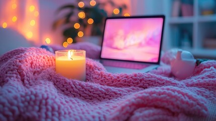 Cozy Indoor Scene with Candle, Blanket, and Laptop Setup at Night