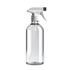 Realistic clear plastic spray bottle with trigger nozzle design, hygiene liquid container on transparent background