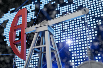 A red and white oil rig is shown in front of a map