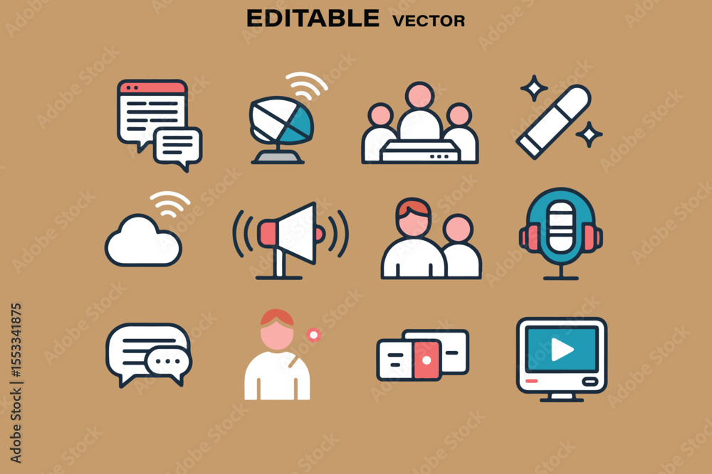 Poster collection of communication and media icons representing various aspects of digital interaction and 