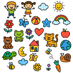Happy children, colorful animals, nature elements, and playful objects create joyful and vibrant cartoon collection for kids