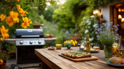 Outdoor dining setup with grilled vegetables on a wooden table surrounded by vibrant flowers