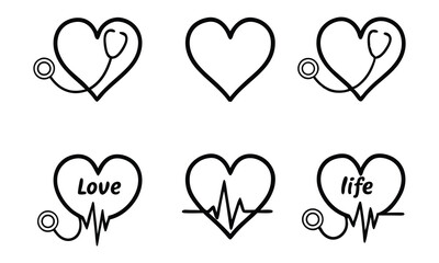 Collection of six simple black line art icons featuring hearts with medical and lifestyle elements like stethoscopes and heartbeats symbolizing health care love and life