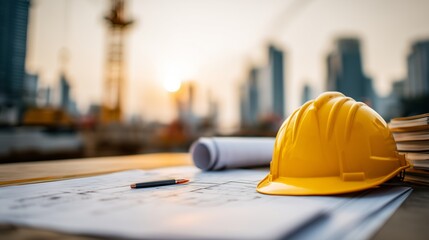 Builder's Day celebration at construction site with plans, helmet, and skyline views during sunset
