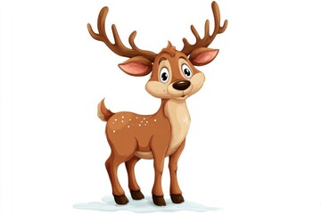 Obraz premium A cartoon deer stands on snow featuring brown fur antlers white spots and a friendly expression