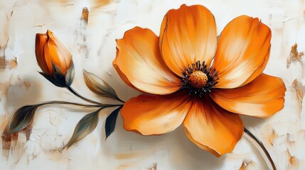 A close up detailed and vivid painting of orange blossom flower with white textured background in expressive brush strokes