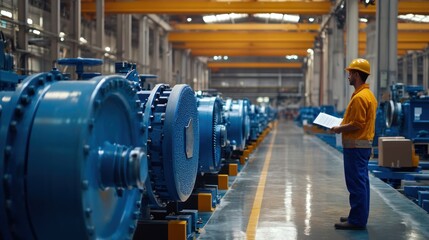 Worker inspecting the condition of warehouse equipment and machinery.