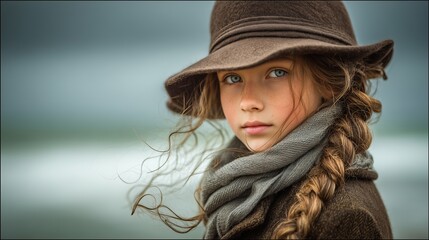 Young girl with braided hair wearing a hat and scarf, gazing thoughtfully at the ocean