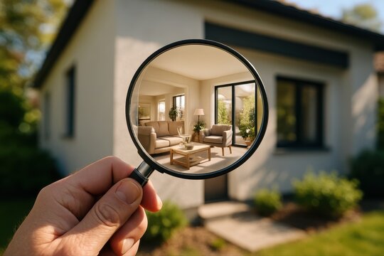 Detailed view of a modern house living room interior through a magnifying glass held by a hand