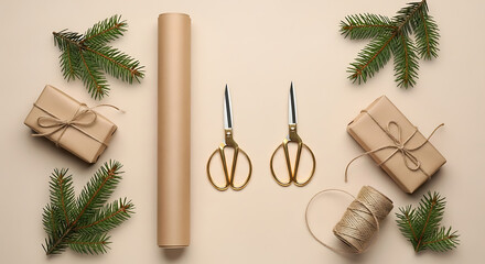 Holiday gift wrapping composition with craft paper scissors twine and festive spruce branches
