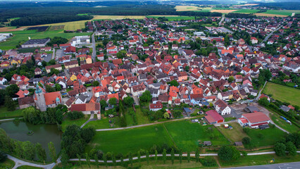 A panorama aerial view around the downtown in the city Markt Erlbach Germany on a sunny spring day