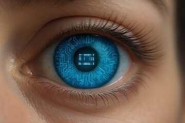 Fototapeta premium Close up of a futuristic human eye with glowing circuit board patterns and digital data display.