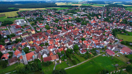 A panorama aerial view around the downtown in the city Markt Erlbach Germany on a sunny spring day