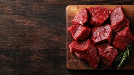 A selection of fresh raw meat beautifully arranged on a wooden cutting board, showcasing the rich color and quality of ingredients for culinary enthusiasts.