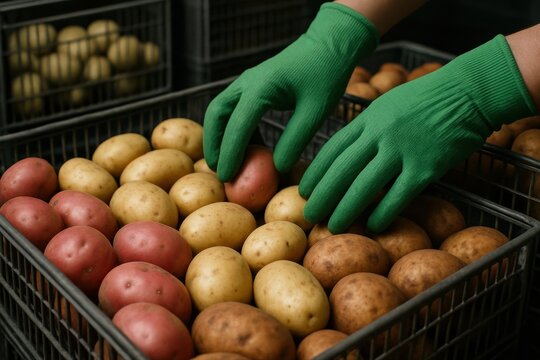 Close up of hands in green gloves sorting fresh red and yellow potatoes in black storage crates