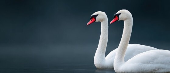 Obraz premium Two elegant white swans with long graceful necks floating on calm dark water under a moody sky, showcasing natural wildlife and peaceful aquatic scene
