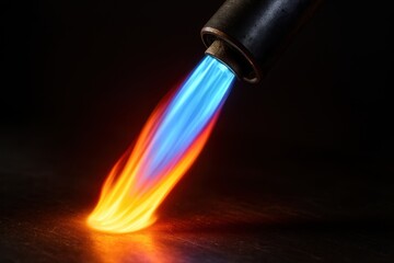 Close up of a powerful gas burner flame with a vibrant blue core and intense orange heat