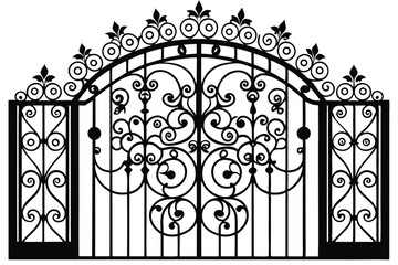 Ornate Black Iron Gate with Curlicues and Floral Elements Silhouette Design