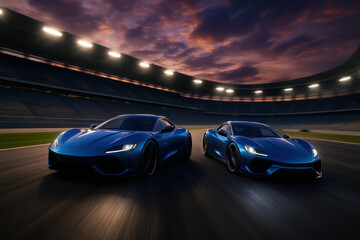 Obraz premium Two sleek futuristic blue sports cars on a high speed race track under stadium lights at dusk