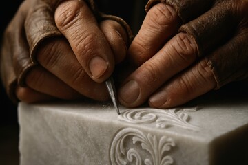 Skilled artisan hands in leather gloves meticulously carving intricate patterns into white marble