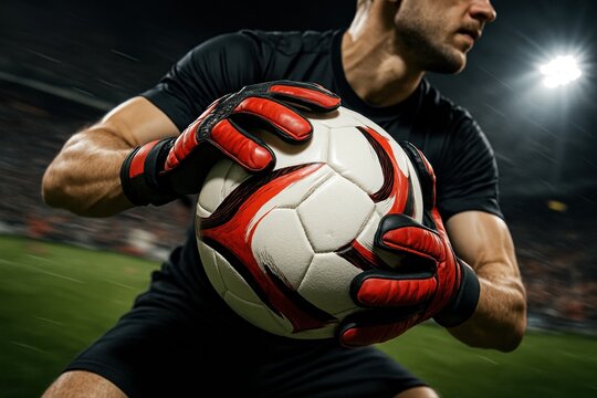 Dynamic close up of a professional soccer goalkeeper holding the ball with red gloves in a stadium.