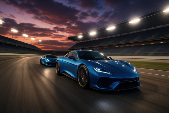 Two sleek blue sports cars racing at high speed on a modern asphalt track under a dramatic sunset sky with stadium lights - Powered by Adobe