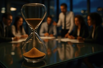 Hourglass symbolizing time pressure and deadline on a glass table during a late night business meeting