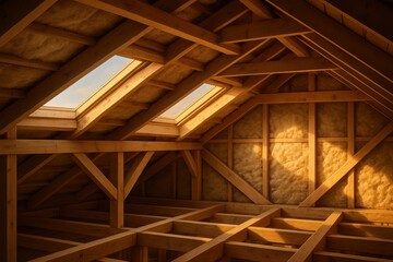 Unfinished attic interior with timber framing, insulation, and natural light from roof windows