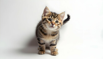 Adorable Striped Kitten with Captivating Eyes Posing on a White Background