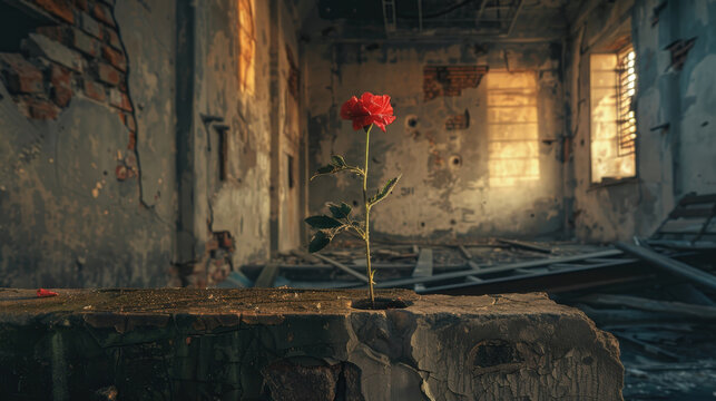 A single, vibrant red rose grows from a crack in a concrete slab within a desolate, ruined building. Sunlight streams through a dusty window, illuminating the flower as a powerful symbol of life, hope