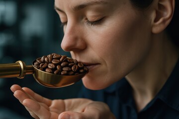 Professional woman smelling freshly roasted coffee beans in a golden scoop for quality control