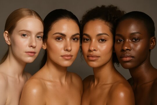 Four diverse women with varying skin tones in a beauty portrait showcasing natural beauty and inclusivity