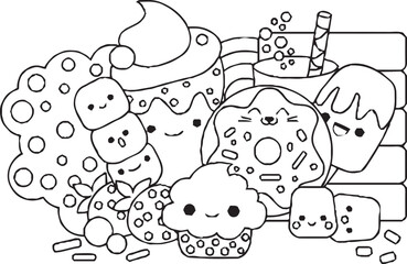 A fun and whimsical black and white doodle artwork showing a group of cute cartoon characters, including a smiling star, a frog, a flower, and other imaginative creatures.
