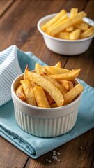 Beautiful golden crispy french fries white ceramic bowl Photo image