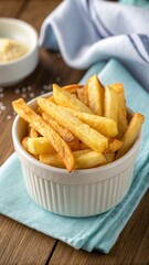 Beautiful golden crispy french fries white ceramic bowl Photo image